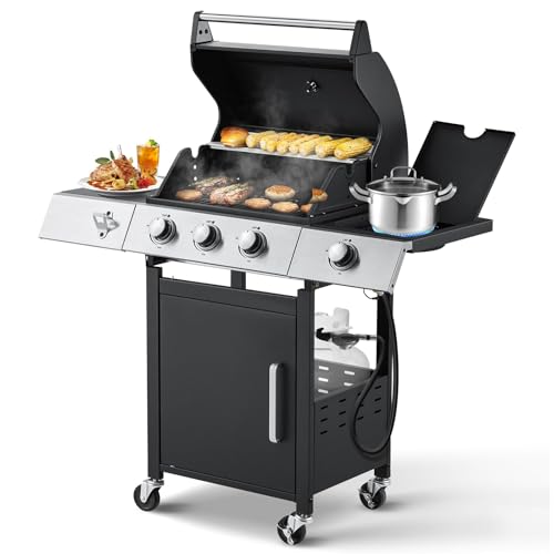 MELLCOM three burner stainless steel propane gas grill with a side stove