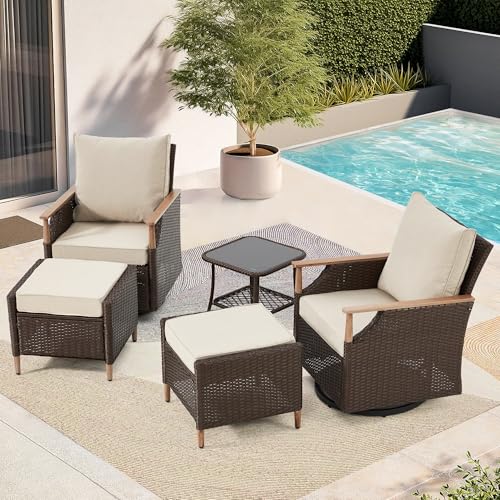 MELLCOM five piece beige wicker patio swivel glider rocker set with a glass side table and ottomans